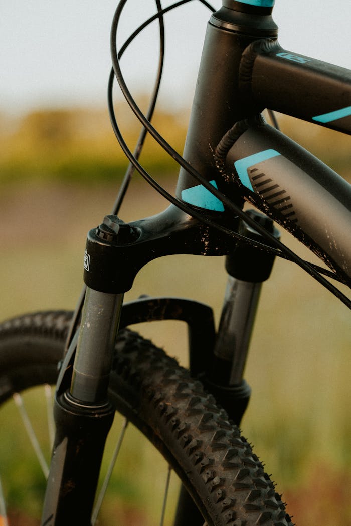 experience-img Detailed view of a mountain bike's front suspension in an outdoor setting.